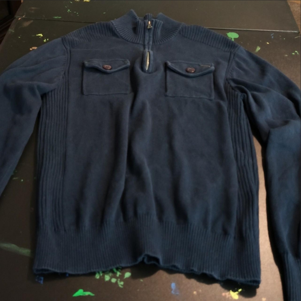 Vintage Guess Quarter Zip Sweater Pullover Mens Sz XL Navy Blue 100% Cotton Prep